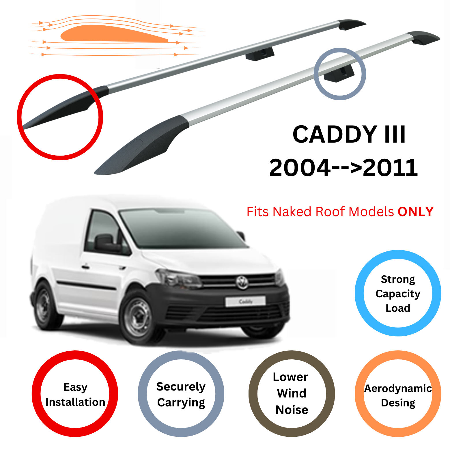 For Volkswagen Caddy III Maxi Roof Side Rails, Plus Silver 2003-2019 For Volkswagen Caddy III Maxi Roof Side Rails, Plus Silver 2003-2019